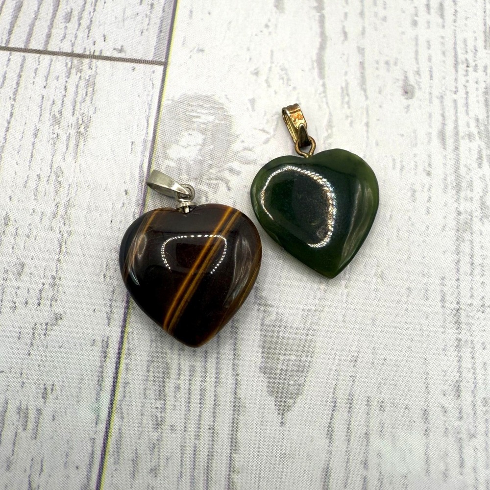 Stone Heart Pendant Lot 2pc Tiger‎ Eye & Green Aventurine Gemstone Charms